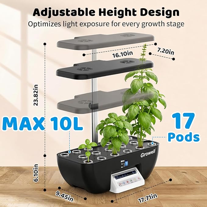 Hydroponics Growing System Kit 17 Pods Indoor Herb Garden with 2 Fans Circulation Grow Light Smart Water Cycle Auto Timer 10L Water TankPerfect Indoor Gardening System Gifts(Black/White)