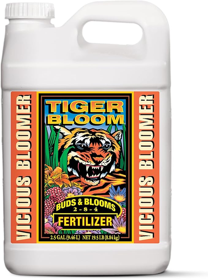 FoxFarm Tiger Bloom Liquid Plant Food - Phosphorus Fertilizer for Buds Blooms &amp Flowering - Supports Soil &amp Hydroponic Systems - High Micronutrient Formula with 2-8-4 Nutrient Ratio - 2.5 Gal