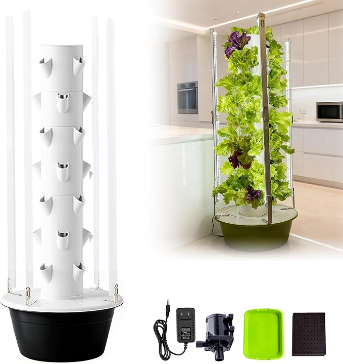 Vertical Garden Planter 7 Tier 28 Cells Smart Timing 30L Water Tank Soilless Cultivation for HerbsVegetablesFruitsPepperCucumberLettuce Black-IndoorWithLEDLight