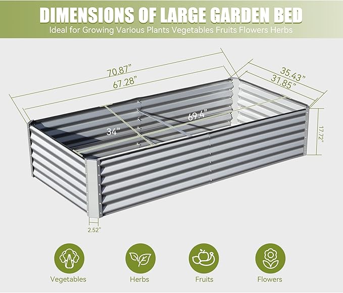 6x3x1.5Ft Galvanized Raised Garden Beds Outdoor Large Elevated Planter Raised Beds Rot-Resistant Deep Root Planter Box for Vegetables and Flowers Silver+White