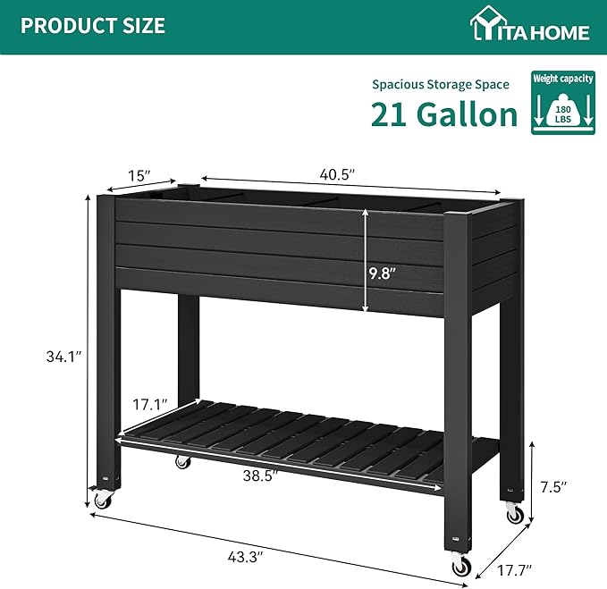 YITAHOME 43.3x17.7x34 in Elevated Garden Bed 2pcs Outdoor Plastic Planter Box with Wheels Legs Drain Plug and Storage Shelf for Plants Vegetables Flowers Herbs Black