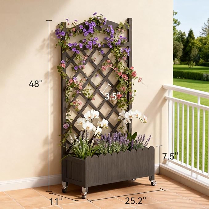 COMHOMA Raised Garden Bed with Trellis and Wheels48Inch Elevated Planter Box with Drainage HolesLattice Privacy Screen for Climbing Plants VegetablesOutdoor for Patio Balcony YardBrown