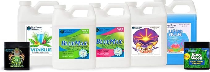 Complete Plant Food Fertilizer Set | BlueMax High Yield System Economy (32 oz Bottles) | for All Gardens &amp Plants | Hydroponic Aeroponic Soil Coco Coir | Made in USA | Blue Planet Nutrients