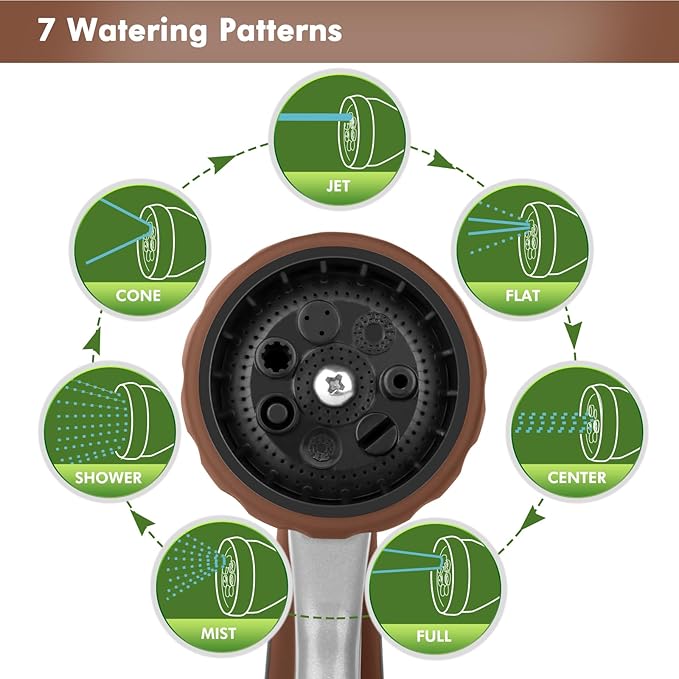 RESTMO Metal Watering Wand Heavy Duty Garden Hose Wand with 180° Swivel Ratcheting Head 16'' Hose Nozzle Sprayer with 7 Spray Patterns and Flow Control for Water Hanging Baskets and Shrubs Brown