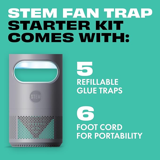 STEM Flying Insect Fan Trap for Indoor Bug Control Attracts Mosquitoes Fruit Flies and House Flies Plug-in Fan with UV Light Starter Kit Includes 1 Device and 5 Glue Traps