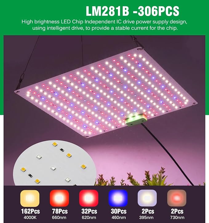 LED Grow Light Panel Lamp for Indoor Plants Full Spectrum with White Blue Red IR LEDs for 4x4ft Coverage Grow Tent Greenhouse Veg and Bloom Seedlings Hydroponics2PCS