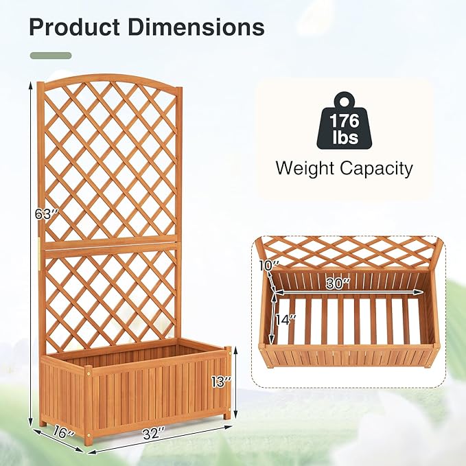 S AFSTAR 2 Pieces Wooden Raised Garden Bed with Trellis 63 Tall Planter Box with Drainage for Vines Climbing Plants Flowers Herbs Elevated Gardening Planter for Backyard Balcony &amp Patio