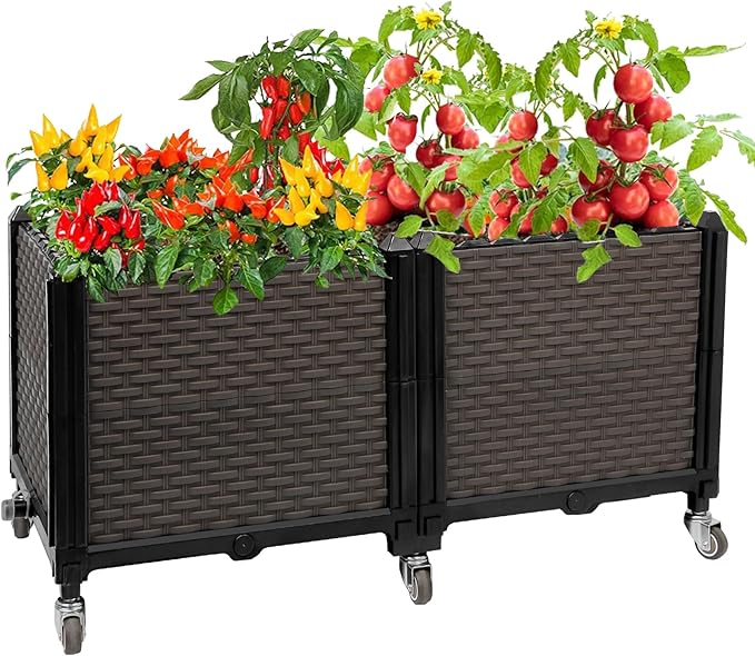 Raised Plant Box with Wheels 31.5x15.7x16.1 Raised Beds for Gardening Self Watering Durable Metal Lockable Casters Rectangular Garden Planter Perfect for Garden Patio Balcony Deck