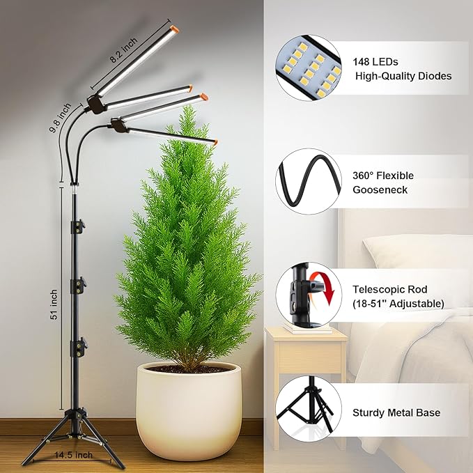 YEOLEH Floor Lamp Grow Light for Large Tall Plants Indoor 6000K White Full Spectrum Plant Growing Light with Red Blue LED Foldable Light Strip Dimmable &amp Timer Function Height 17-62‘’