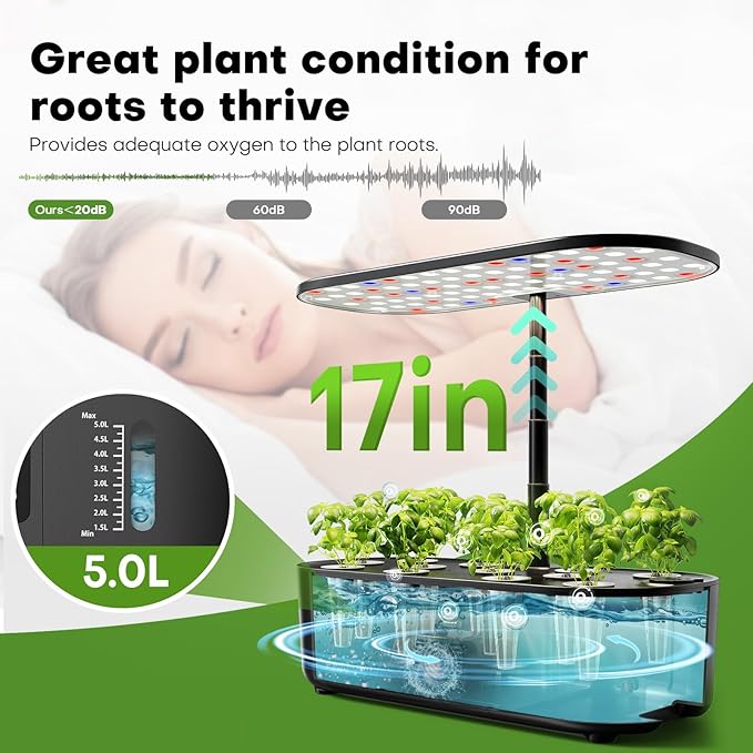 Ahopegarden Hydroponics Growing System Kit Indoor Herb Garden with Grow Light 12 Pods with LCD Touch Panel Hydroponic Planter Planting Height Up to 17 Grower Harvest Fresh Veggie Lettuce Black