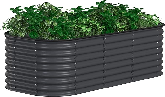 6ftx3ftx2ft Raised Garden Bed Outdoor for Vegetables 9-in-1 Galvanized Metal Planter Box with 2 Aluminum Support Rods 24''H Modular Garden Bed Kit Oval for Herbs and Flowers Gray