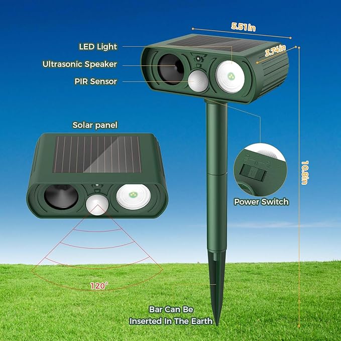 Upgraded Solar Ultrasonic Animal Repellent Outdoor Deer Repellent Devices Squirrel Cat Raccoon Rabbit Dog Deterrent Keep Skunk Away Motion Detection with Flash Light for Yard Garden Lawn 1PACKGreen