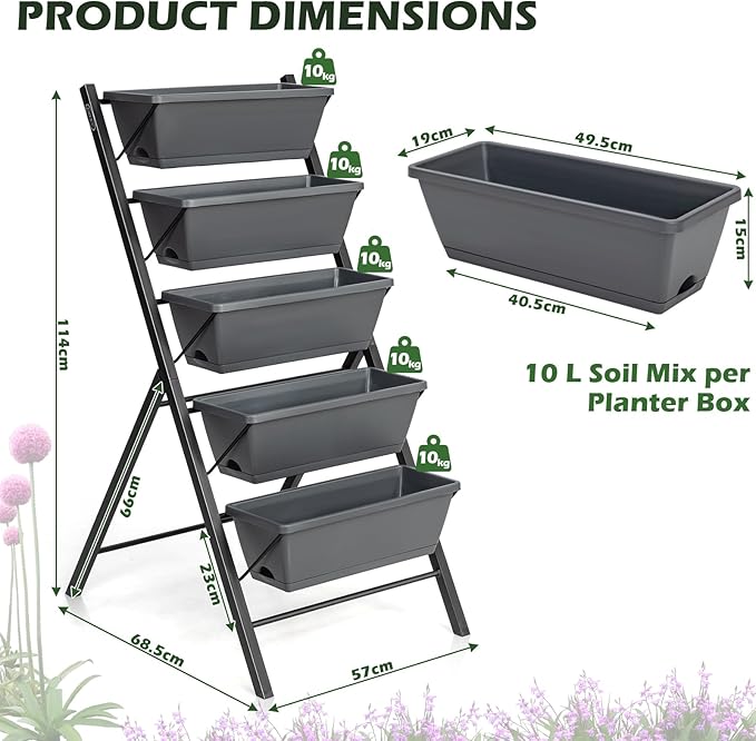 5-Tier Vertical Raised Garden Bed 22.5 x 27 x 45 inch Food Safe Garden Planter with Independent Drainage System Horticulture Planter Box for Patio Balcony Greenhouse Garden