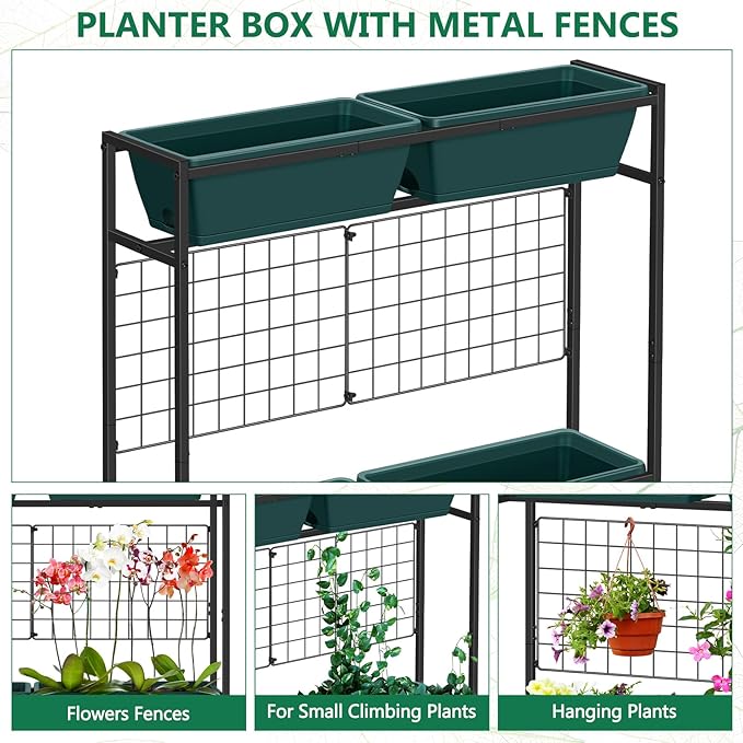 Raised Garden Beds 32.4 Tall Vertical Planter Boxes with Trellis Standing Herb Garden Planter Outdoor with Metal Fences Legs for Small Climbing Plant Gardening Vegetables Patio Balcony Porch Green