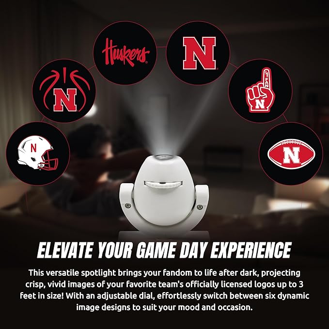 Sporticulture NCAA American Football Nebraska Cornhuskers - Adjustable Led Mini Spotlight Projector with 6 Team Logo Designs - Portable &amp Rechargeable Spotlight - Battery-Operated - 4.375” x 3.125