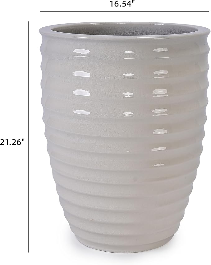Handmade White Ceramic Planter 17 Diameter 1 Horizontal Ripple Ice Crack Pattern for Monstera and Fiddle Leaf Fig Indoor Outdoor Doorway Use Breathable Clay