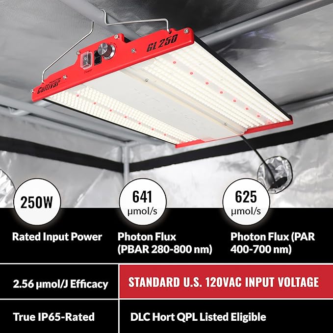 GL250 LED Grow Light for Indoor Plants Full Spectrum Switch Between Veg &amp Flower Dimmable Control Up to 4 Lights IP65-rated Ideal for Grow Tents