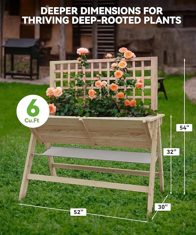 Raised Garden Bed with Legs 52x30x54In Wooden Planter Box with Trellis Outdoor Standing Vertical Horticulture Trellis Planter with Drainage Holes for Vegetables Flowers and Herbs Natural