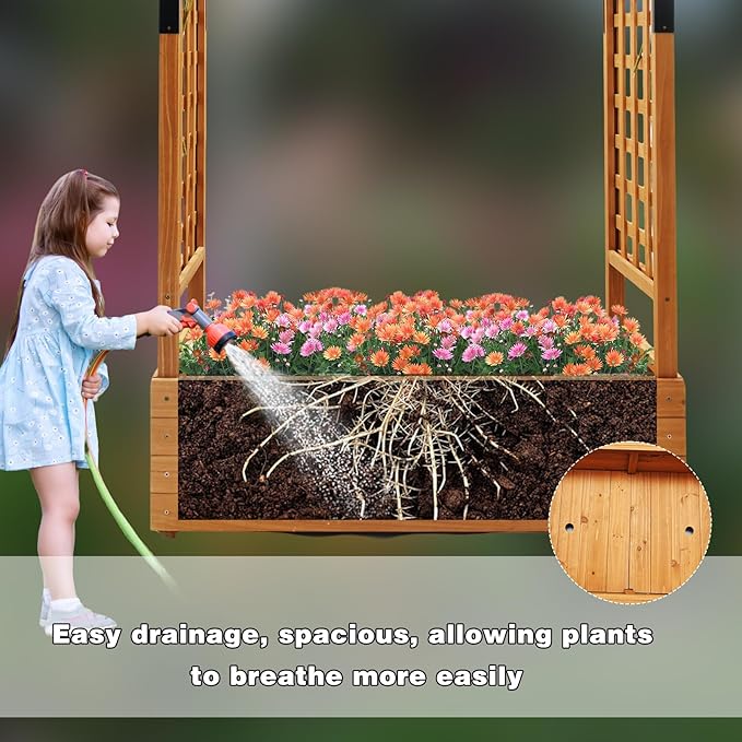 Raised Garden Bed with Wood Trellis Outdoor Planter Box for Tomatoes Climbing Vegetables Herbs Flowers Patio Pots Hanging Roof &amp 2 Drainage Holes 66.1 Inch Tall (Orange)