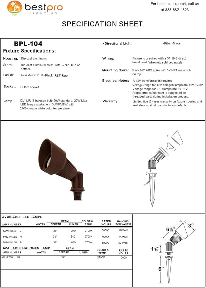 Best Pro Lighting 5W LED Landscape Lighting Fixture in Bronze (BPL-104BRZ-5W)