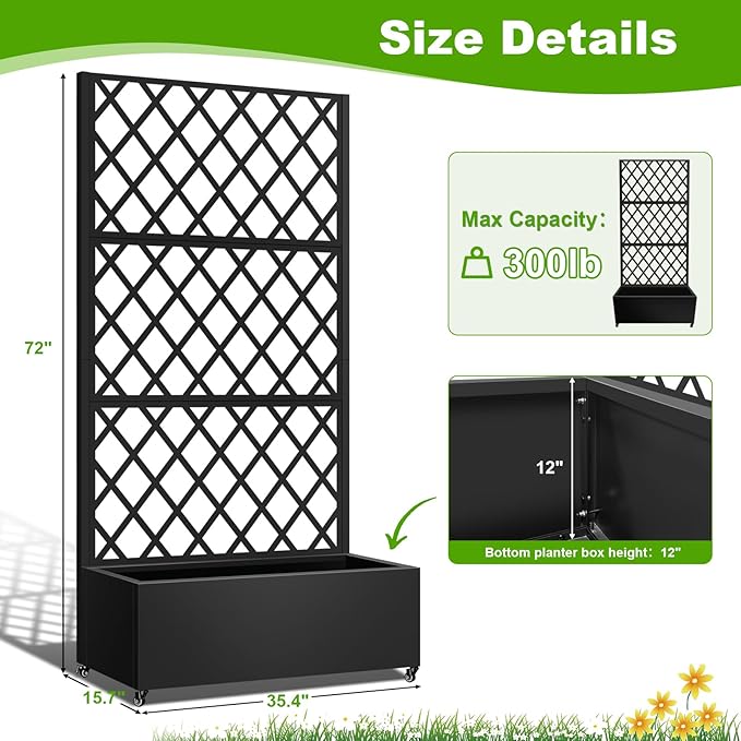 Metal Planter Box with Trellis 72x35x16 Metal Raised Garden Bed with Trellis Trellis Planter Box with Drainage Holes &amp Lockable Casters for Climbing Plants Vegetables and Vines