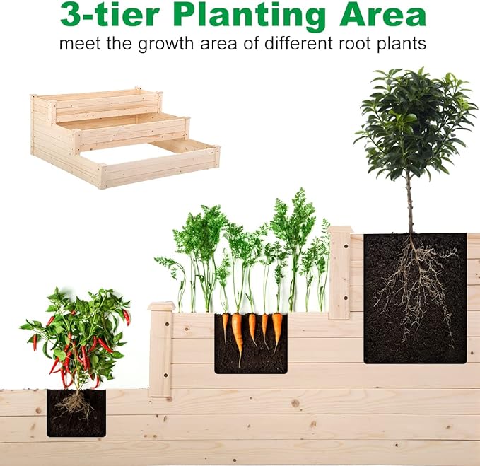 3-Tier Raise Garden Bed Elevated Wooden Planter Box Kit Standing Planter Grow Box Plants Bed for Outdoor Patio Greenhouse Planting Vegetable Herb Flowers and More 48X48X22 Inch