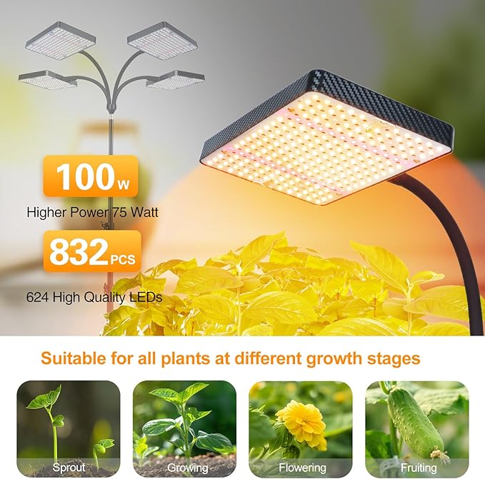 FECiDA 2026 4Head Grow Light with Stand 100 Watt Power Draw Bright and Big Coverage Grow Lights for Large Houseplants Bonsai Tree 4/8/12/16/20 Hr Timer 24-72 Height Adjustable 360° Gooseneck