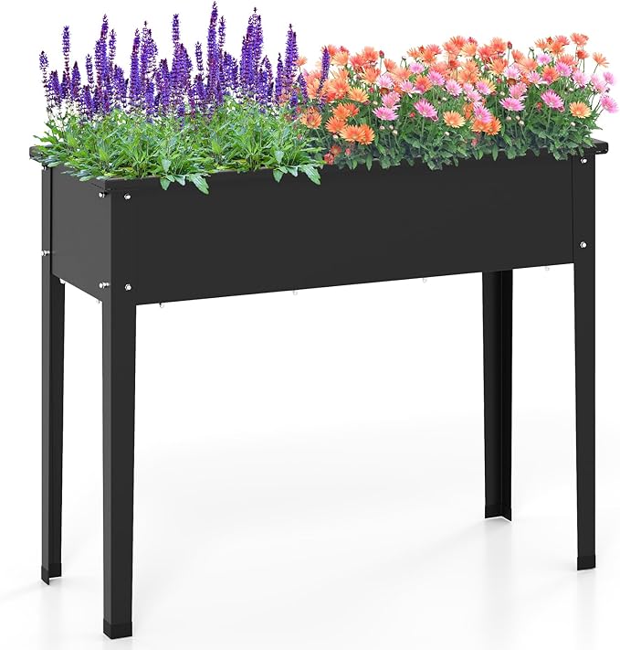 HAPPYGRILL Raised Garden Bed Metal Elevated Planter Box w/Legs Drainage Holes for Growing Vegetables Fruits Flowers Indoor Outdoor Standing Plant Container for Backyard Patio (Black 40”x16”x32”)