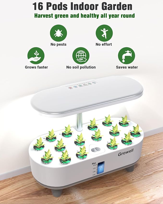 Hydroponics Growing System Kit 16 Pods Indoor Garden with 28W Full Spectrum LED Grow Light Auto Timer 3 Smart Light Modes 8L Large Herb Garden Ideal Gardening Gift for Women Men (White)