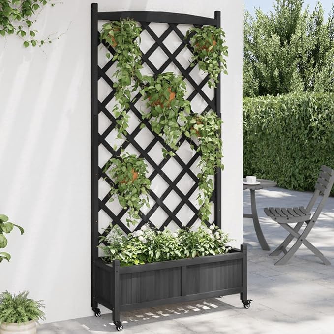 Rollable Raised Planter Box with Trellis 36 x 14 x 73.8 in Matte Black Solid Fir Wood Elevated Garden Bed on Wheels for Outdoor Patio Balcony Large Plant Container