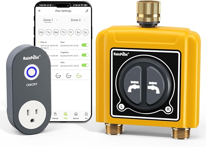 RAINPOINT WiFi Water Timer with Brass Inlet &amp Outlet2 Zone WiFi Hose Timer for LawnWiFi Sprinkler Controller via APP/Voice ControlAutomatic Watering System by Time/Weather/Quantity/Soil Moistur
