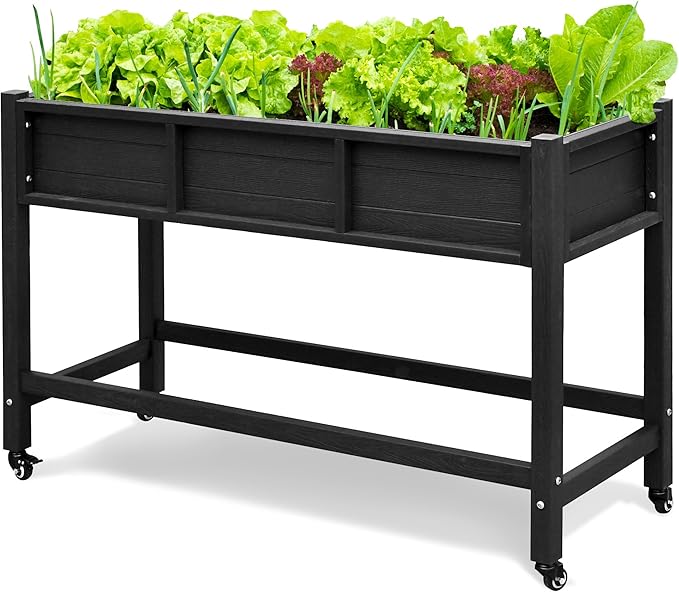 DWVO 47x18x31in Raised Garden Bed HDPE Weather-Resistant Poly Wood Planter Box Stand Planter Box with Legs &amp Lockable Wheels Elevated Garden Bed for Backyard Patio Balcony - Black