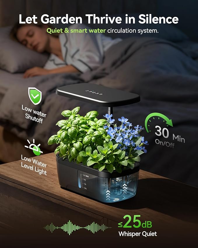 Hydroponics Growing System 6 Pods Smart Indoor Herb Garden with LED Grow Light Auto Timer Height Adjustable Quiet Pump Gardening Gifts for Mom Women - Black