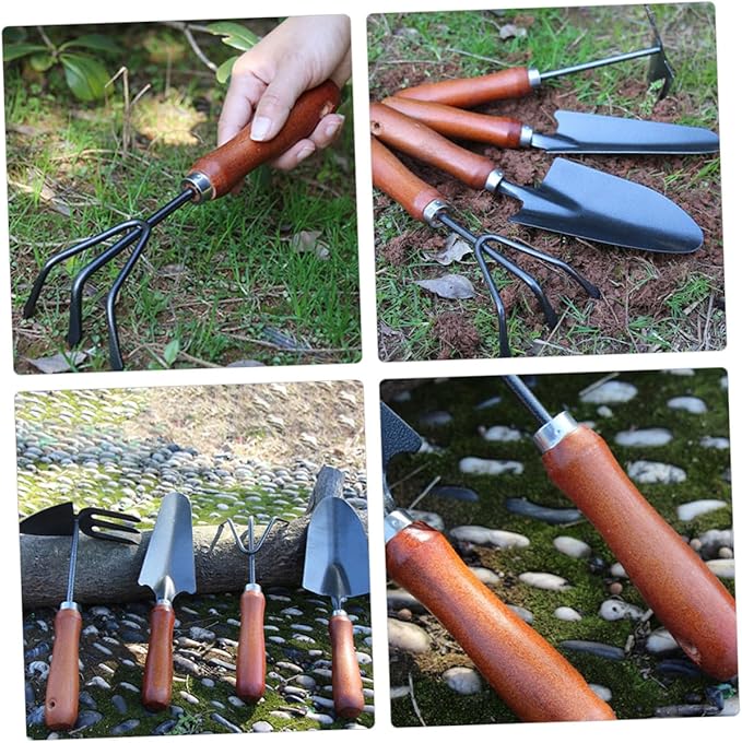 Garden Tool Set 4pcs Small Shovels for Gardening with Extended Narrow Spade Triple Claw Rake Dual-use Hoe and Rake Soil Scoop for Planting and Digging in Home Gardens