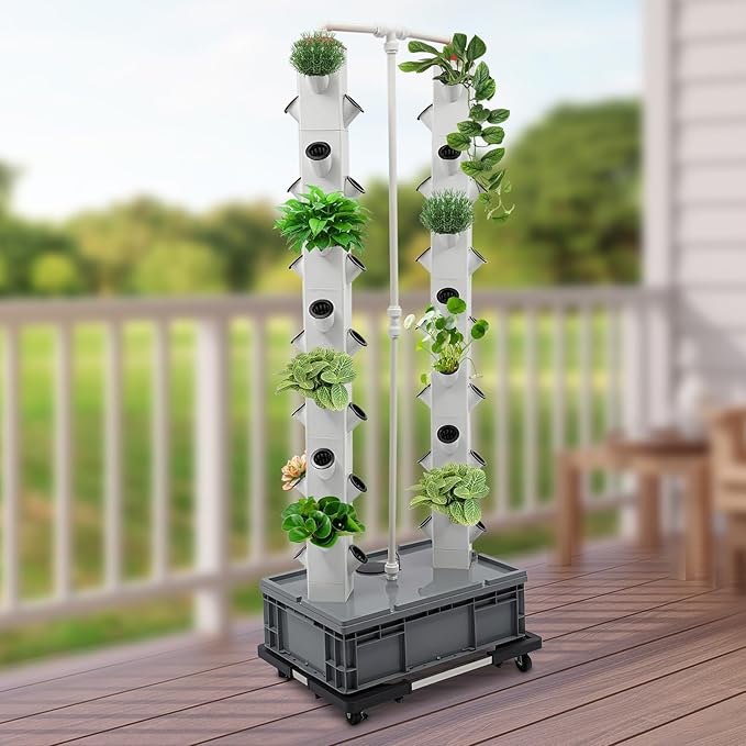 56-Plant Hydroponic Growing Tower System Indoor/Outdoor Sturdy Vertical Garden Kit with Smart Water Pump Timer &amp Wheels - Auto Circulation Durable PP Design for Vegetables Herbs