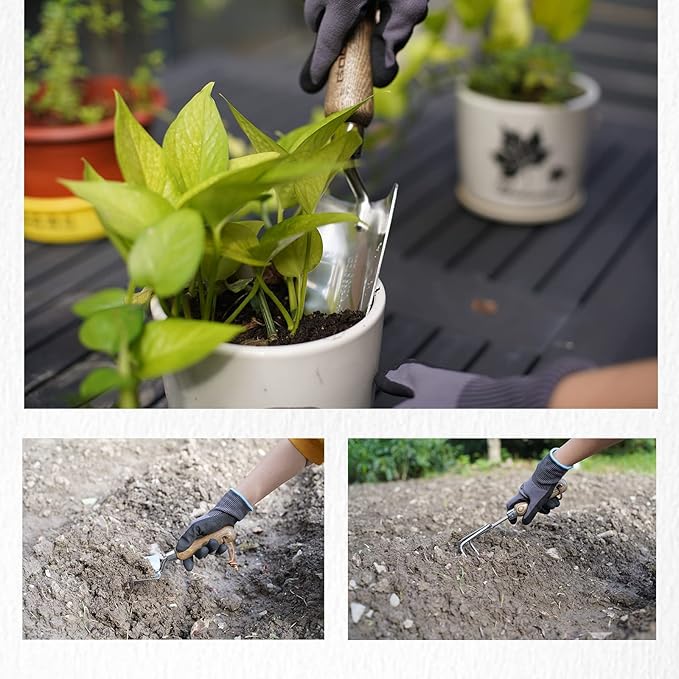 Gardening Stainless Steel Tool Set 3 Piece Includes Stainless Steel Trowel Hand Transplanter and Handheld Triple Claw Rake for Transplanting Digging Weeding Cultivating by GOODSMANN