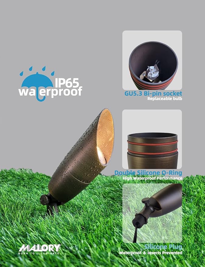 MALORY Solid Brass Landscape Spotlight 4-Pack with Bulb(S06) Low Voltage Front and Backyard Landscape Lighting with Large Rugged Slot Spike &amp Wire Connector12V AC/DC Garden Patio Spot Up Light