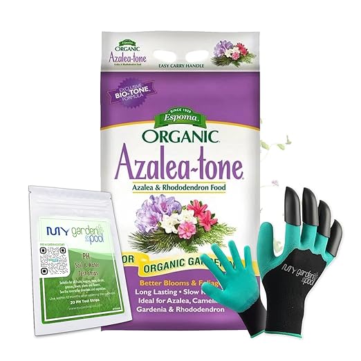 Espoma AT18 Azalea-Tone 4-3-4 18 lb. Bag with My Garden Pool PH Soil Test Strips 20 ct and My Garden Pool Superior Gardening Claw Gloves and Garden-IQ Smart Gardening AI Assistant!