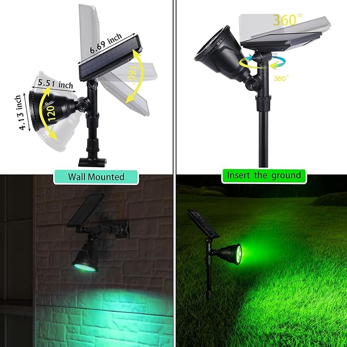 Solar Outdoor Spotlights - 18 LED 600 Lumens Waterproof 7 Colors Adjustable for Year Round Patio Garden and Landscape Festive Lighting (1 Pack)