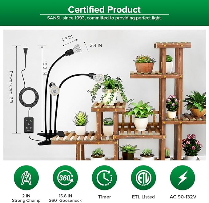 SANSI LED Grow Lights for Indoor Plants Lifetime Free Bulb Replacement 450W Full Spectrum 3-Gooseneck Clip Plant Grow Light Plant Light with Timer 4/8/12 Hrs High PPFD Growing Power Grow Lamp