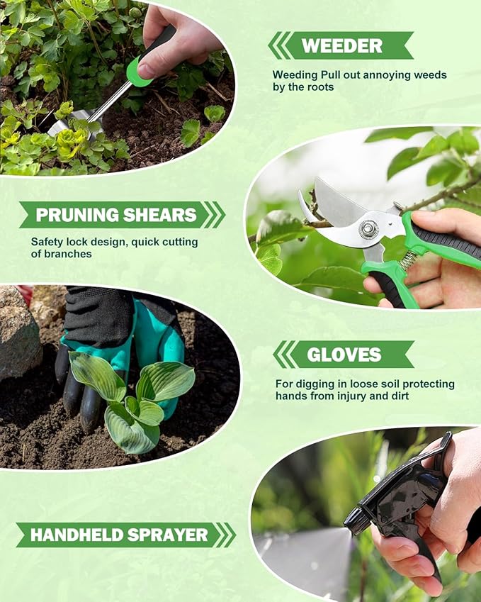 Garden Tools Set 8 in 1 Heavy Duty Garden Tools Kit Stainless Steel Ergonomic Gardening Hand Tool with Upgraded Bag Gardening Supplies Gift for Women Kid Organizer