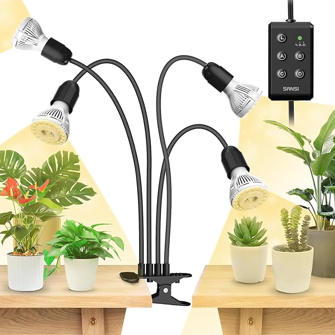 SANSI LED Grow Lights for Indoor Plants Lifetime Free Bulb Replacement 600W Full Spectrum 4-Gooseneck Clip Plant Grow Light Plant Light with Timer 4/8/12 Hrs High PPFD Growing Power Grow Lamp