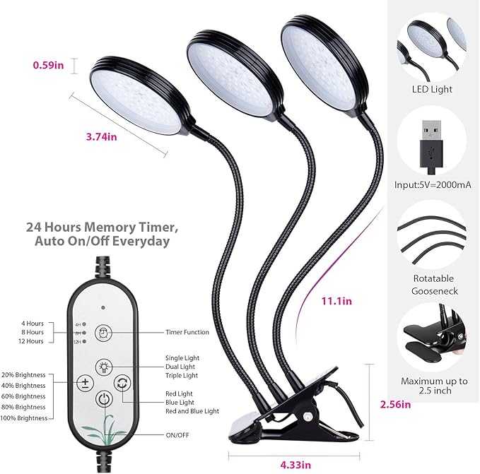 45W LED Plant Grow Light Indoor 3-Head 360¡ãFlexible Gooseneck Arm Automatic Timing Function Grow Light 5 Dimmable Levels Spectrum with Desk Clip Plant Light