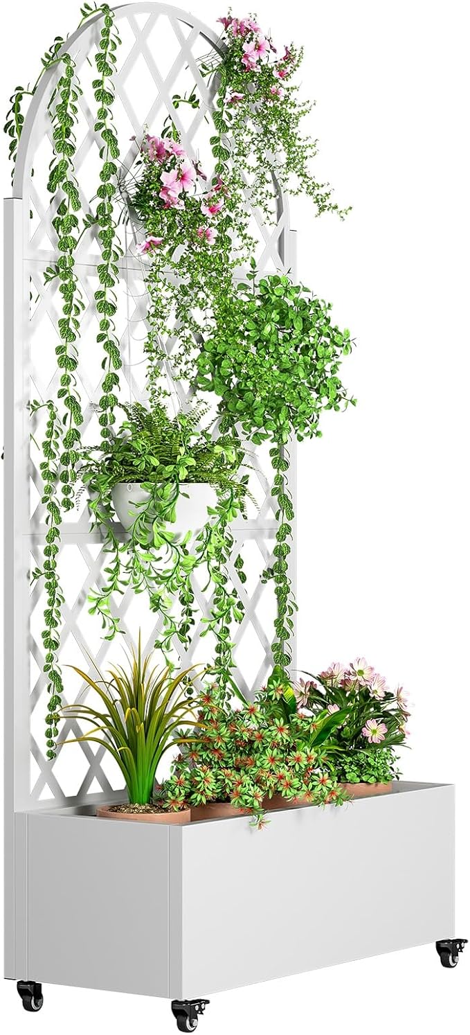 72 Tall Galvanized Steel Planter Box with Trellis - Rust-Resistant Raised Garden Bed with Wheels &amp Drainage Holes 35 L x 16 W Space-Saving Vertical Planter for Outdoor/Indoor Black