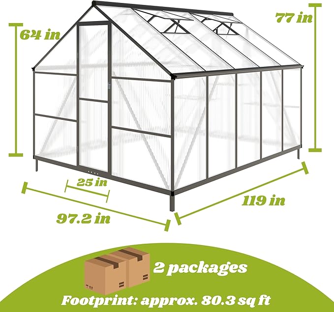 8x10 FT Greenhouse for Outdoors Polycarbonate Greenhouse with Quick Setup Structure and Roof Vent Aluminum Large Walk-in Green House for Outside Garden Backyard Charcoal Black