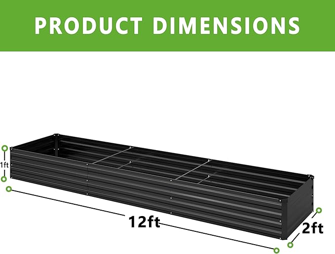 12x2x1FT Galvanized Raised Garden Bed KitVegetable Boxes-Rectangle Metal Flower BoxLarge Planter Raised Beds Outdoor Garden for PlantingFruitHerb-Black