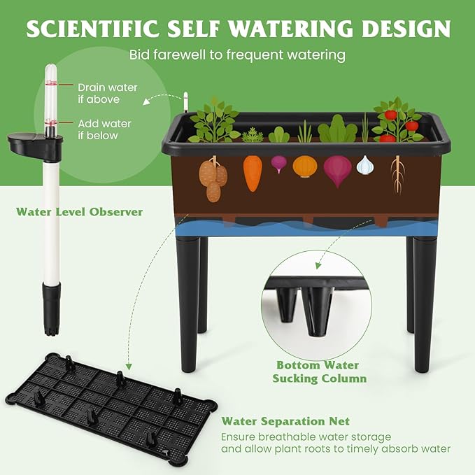Happygrill Raised Garden Bed with Trellis 4 in 1 Self-Watering Planter w/Water Level Observer Drainage Holes Climbing Net &amp Detachable Legs Garden Cucumber Planter for Vegetables Flowers