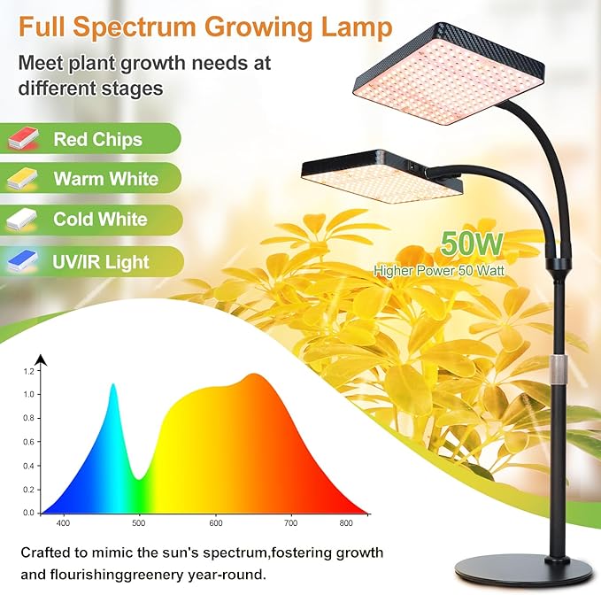 FECiDA 2026 2Head Tabletop Grow Lights for Seed Starting Indoor Plants Bonsai 50 Watt Power Draw NO Need Adapter Super Bright and Big Coverage 4/8/12/16/20 Hr Timer 16-24 Height Adjustable
