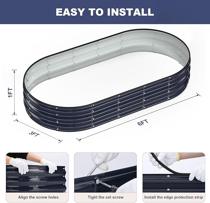 Raised Garden Bed 6x3x1ft Galvanized Outdoor Planter Beds with Safety Edging and Gloves Oval Metal Planter Box for Gardening Vegetables Flowers Herb-Midnight Blue