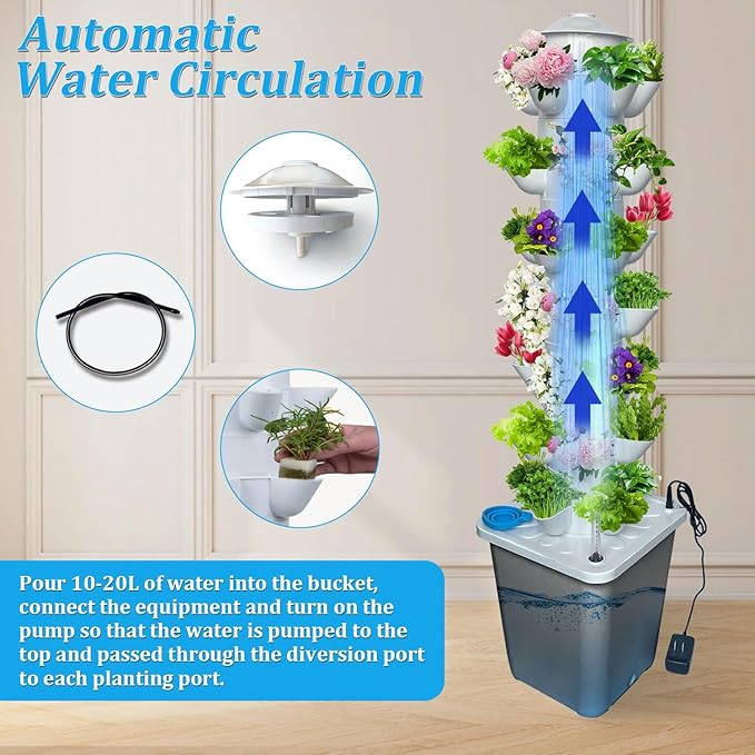 35 Pots Hydroponic Tower Hydroponics Growing System Tower Vertical Tower Planter Pump Tower with Timer Automatic Watering Irrigation Pump and Movable Water Tank for Hydroponic Lovers Grey